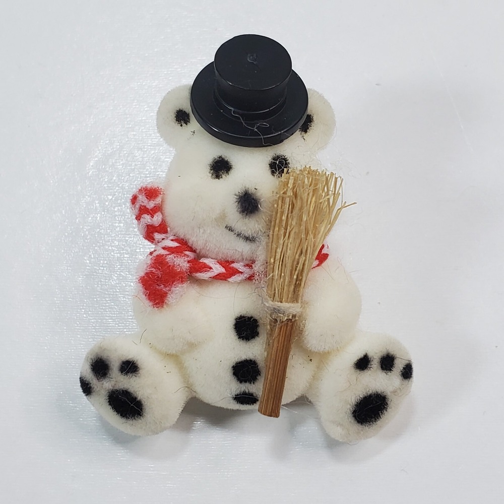 Vtg Taiwan Flocked White Black Red Bear w/ Top Hat & Broom Christmas Tack Pin
